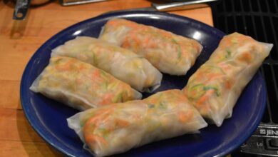 Fresh spring rolls pan seared chicken with harissa and salt and vinegar kale chips