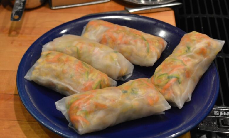 Fresh spring rolls pan seared chicken with harissa and salt and vinegar kale chips