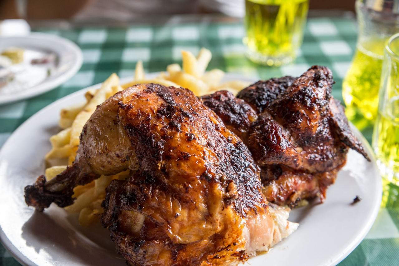Golden peruvian roasted chicken with a brilliant spicy sauce